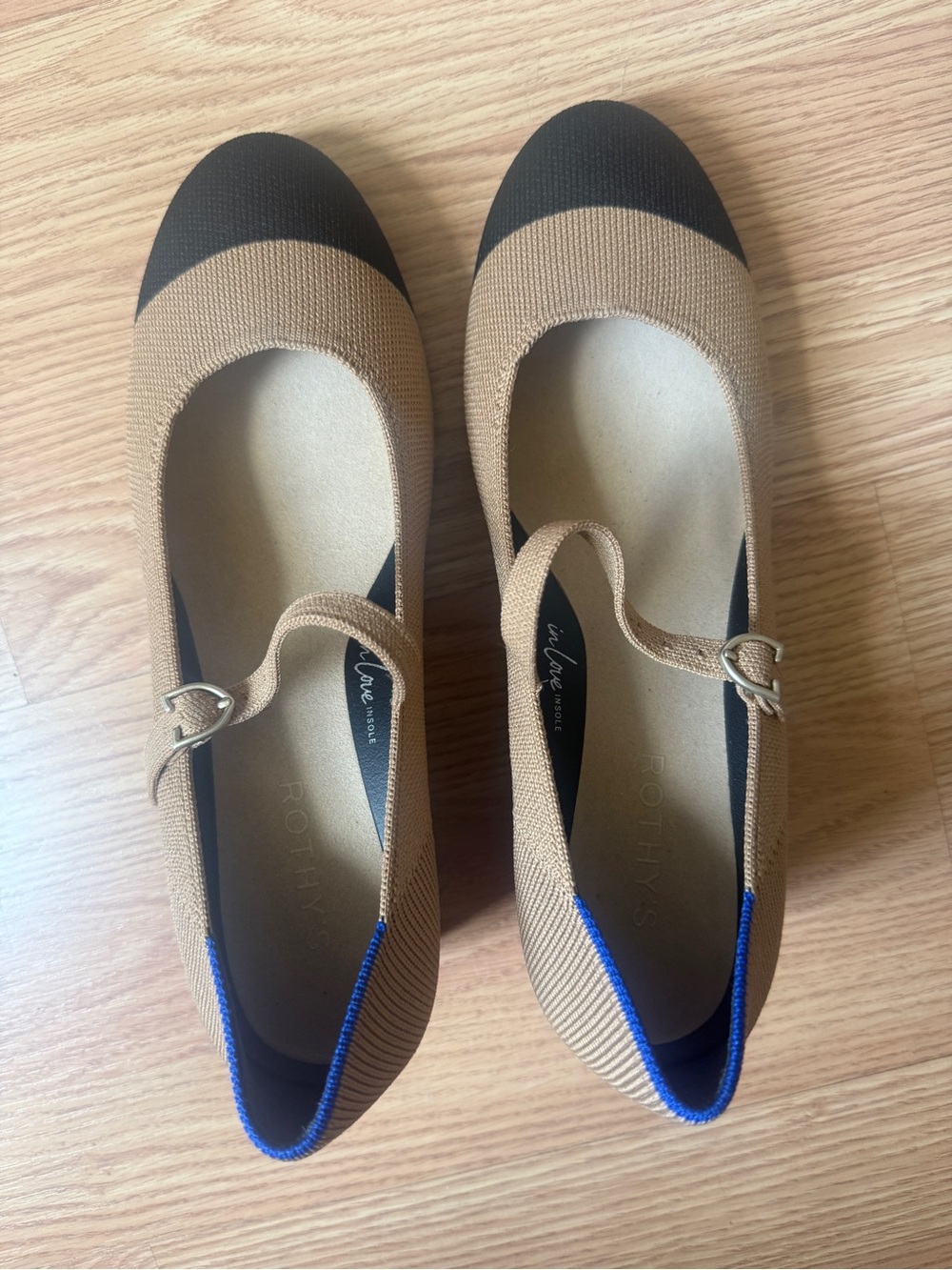 Rothy's Tan Knit Mary Jane Flats with Black Toe and Blue Trim